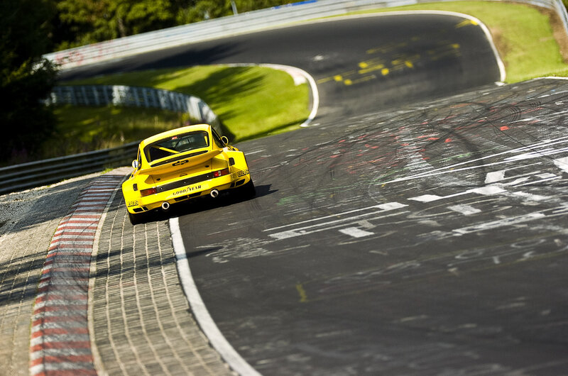 Yellow Race Car — Dynamic, Afternoon, Photograph, Race Track, Curved Road