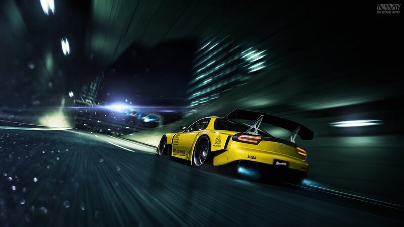 Yellow Race Car — Dynamic, Night, Digital Art