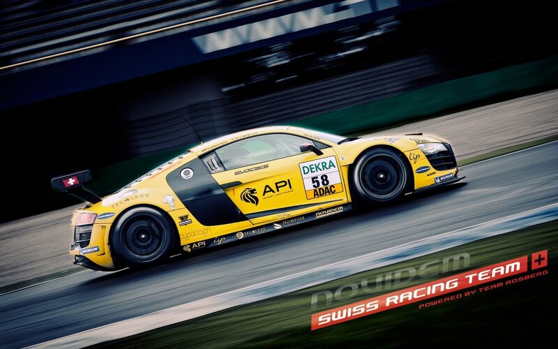 Yellow Race Car — Dynamic, Photograph, Race Track, Sponsor Logos, Black