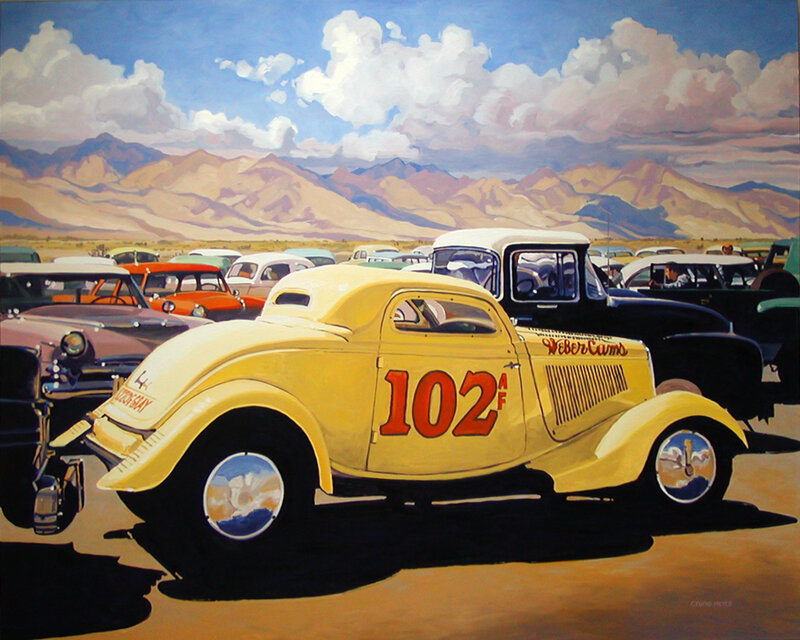 Yellow race car in desert