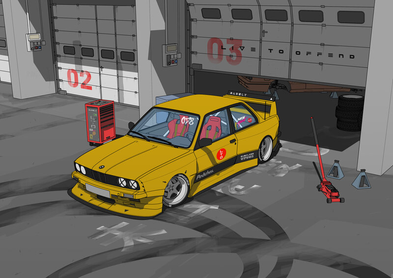 Yellow Race Car in Garage — Mechanical
