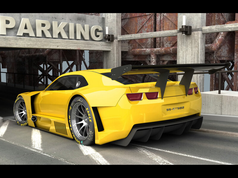 yellow race car in parking garage