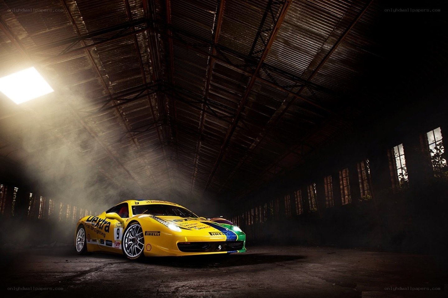 Yellow race car in warehouse