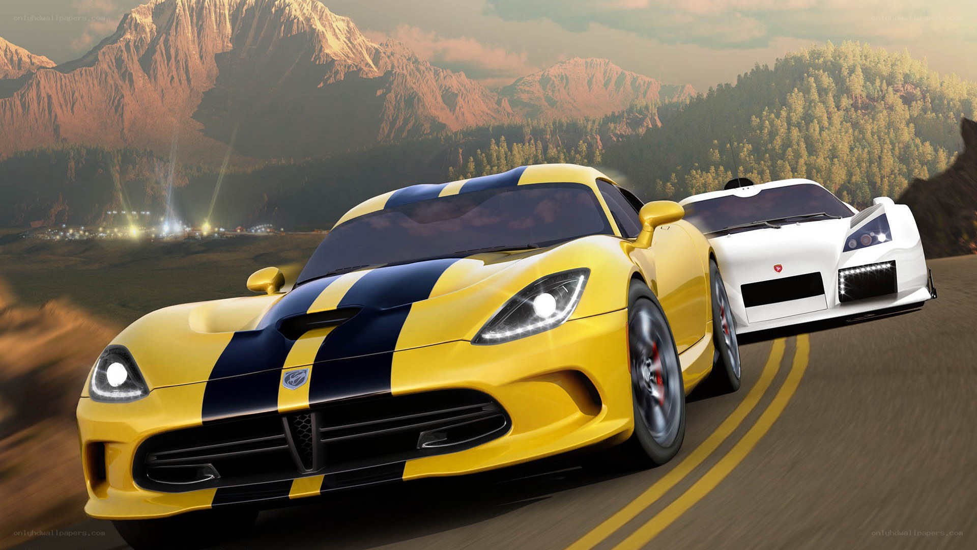Yellow race car on mountain road