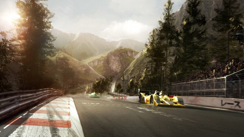 Yellow Race Car on Track — Dynamic, Afternoon, 3d Render, Race Cars, Mountains