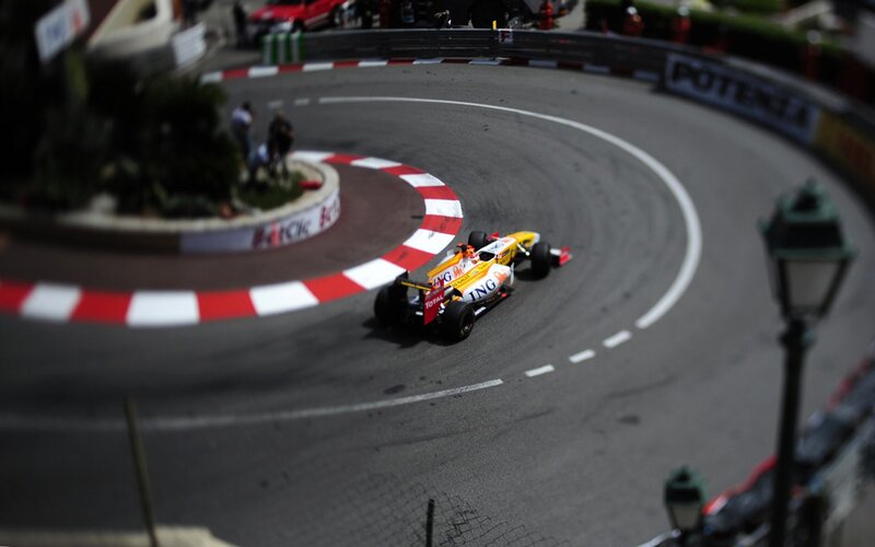 Yellow Race Car on Track — Dynamic, Afternoon, Photograph, Race Car, Street Lamp