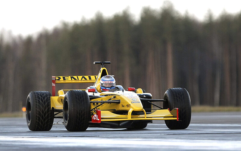 Yellow Race Car on Track — Dynamic, Morning