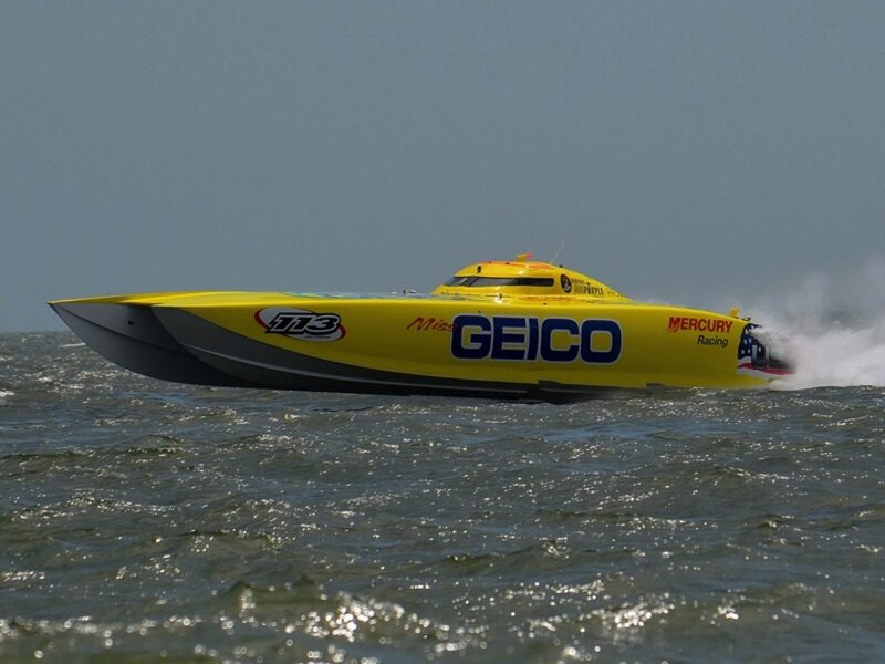 Yellow Racing Boat — Dynamic, Afternoon, Photograph