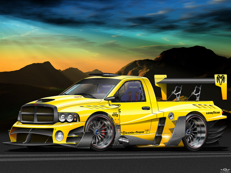 Yellow racing pickup truck