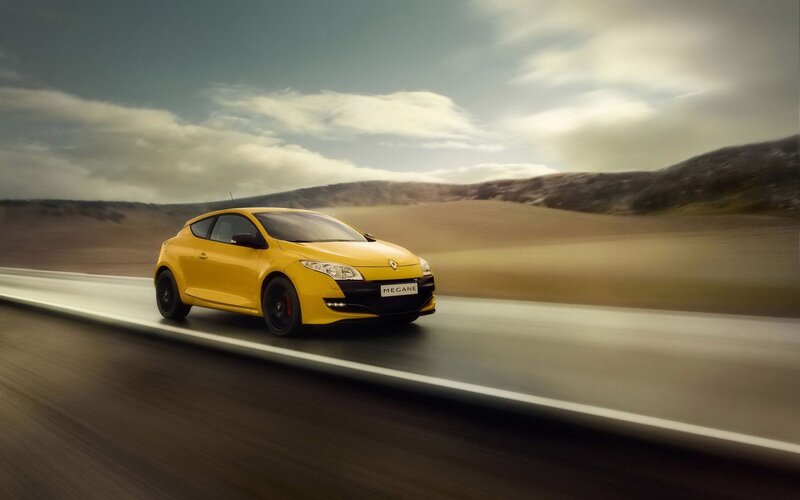 Yellow Renault Megane — Dynamic, Afternoon, Photograph, Car, Road, Mountains, Gray