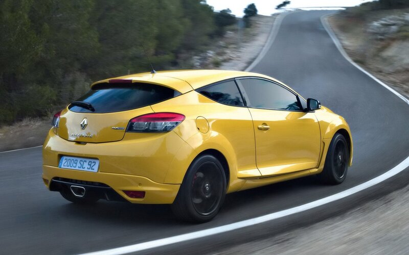 Yellow Renault Megane — Dynamic, Afternoon, Photograph, Car, Road, Trees, Black