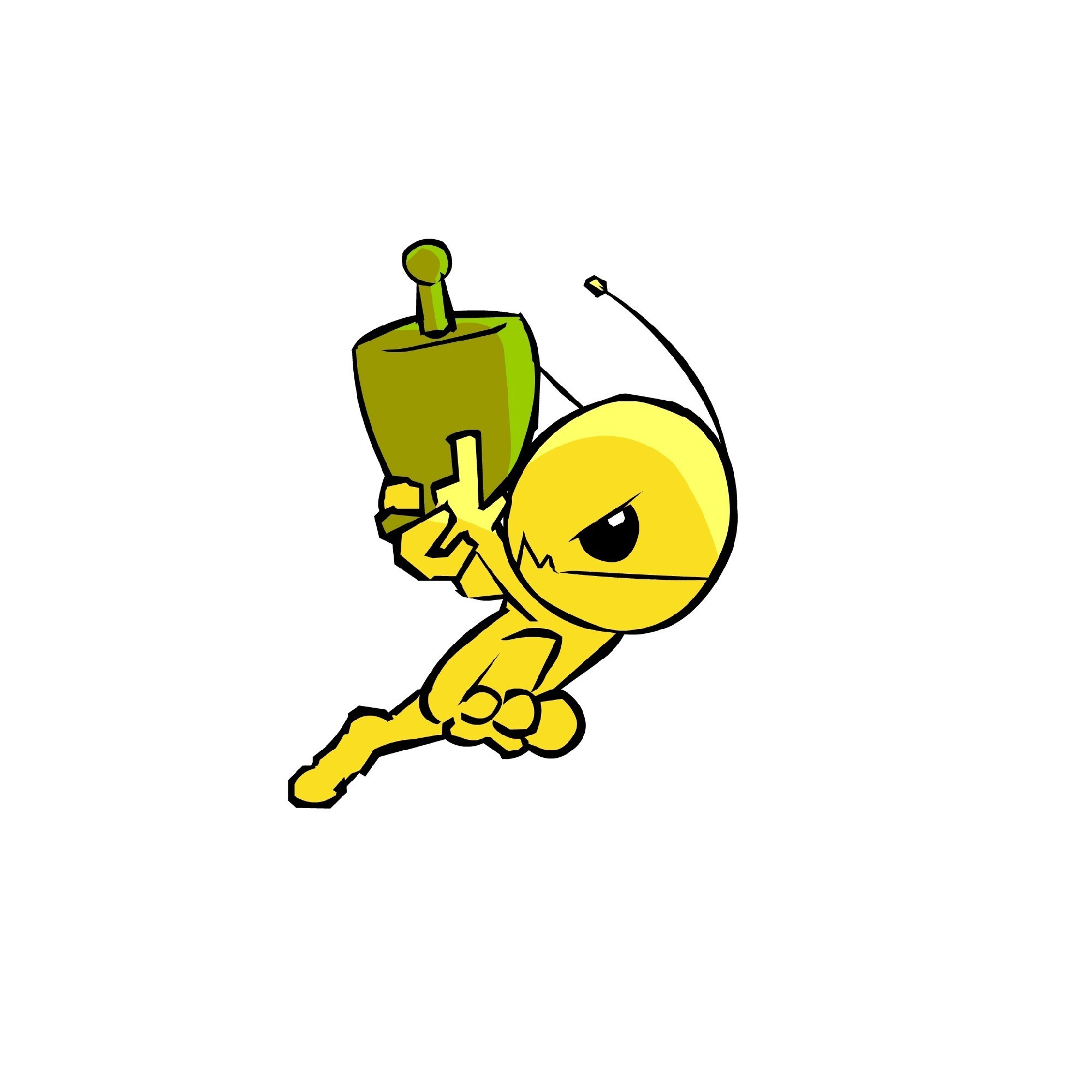 yellow robot holding green device