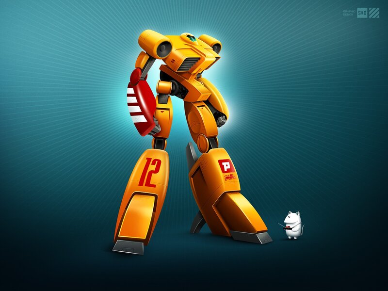 Yellow robot with small white cat