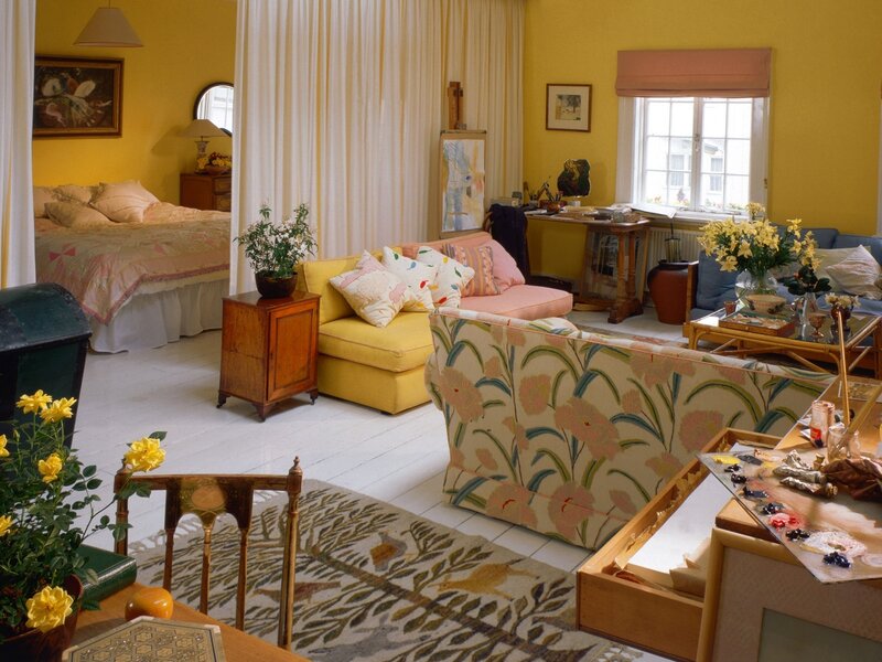 Yellow room with floral furniture