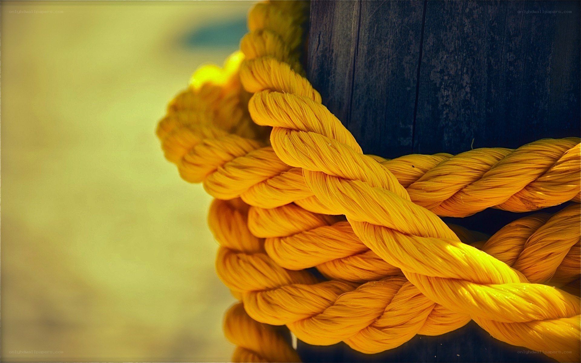Yellow rope on wooden post