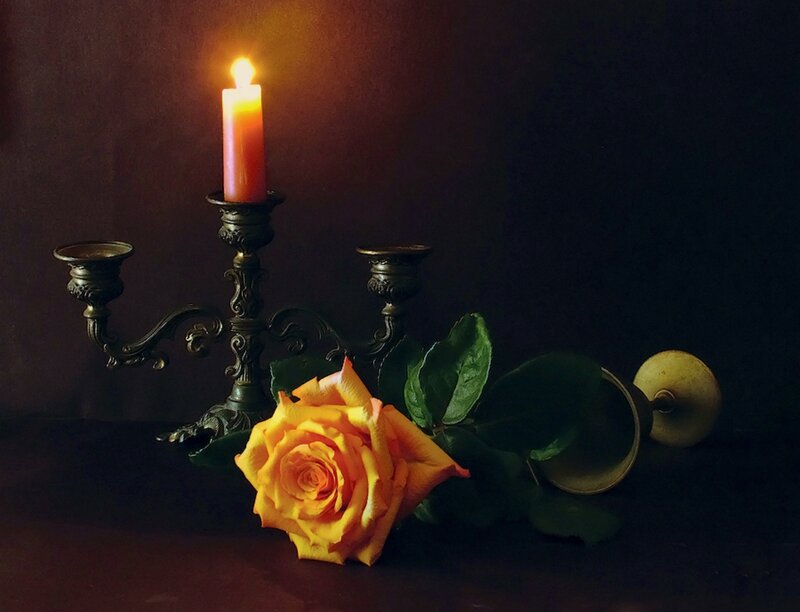 Yellow Rose and Candle — Dramatic
