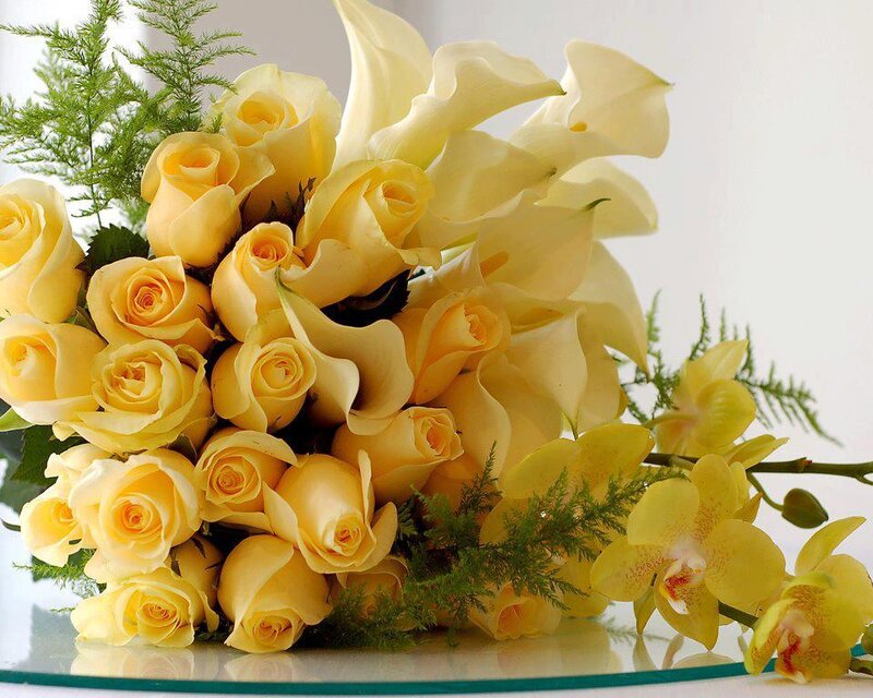 Yellow Rose Bouquet — Calm, Photograph, Calla Lilies, Orchids, Greenery
