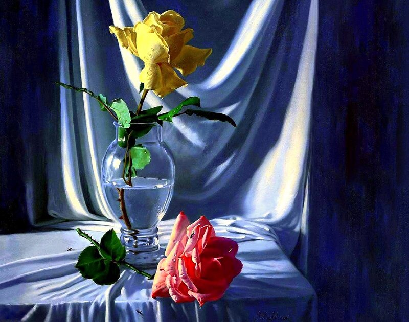 Yellow Rose in Vase — Blue