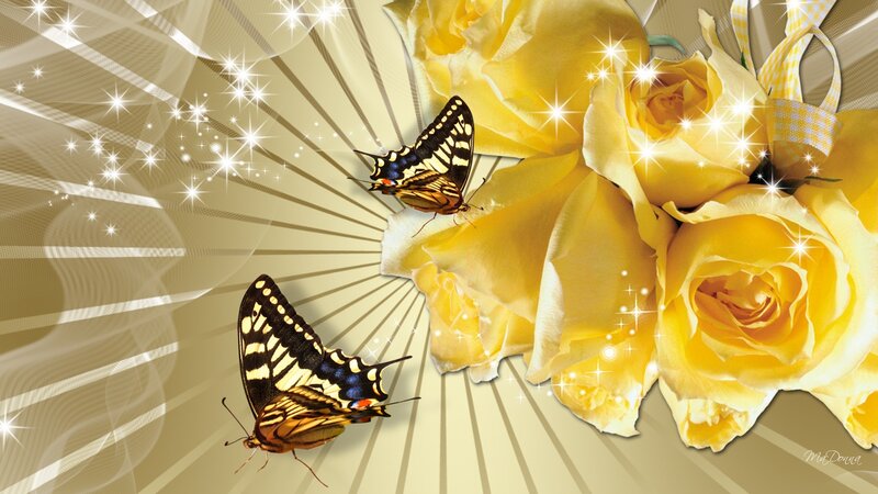 Yellow Roses and Butterflies — Festive, Digital Art