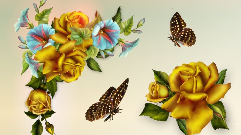 Yellow Roses and Butterflies — Serene, Digital Art, Flowers