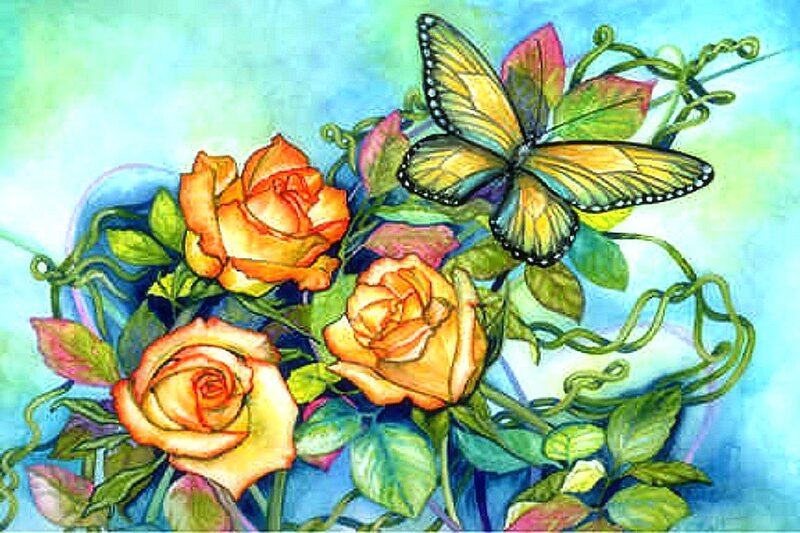 Yellow Roses and Butterfly — Serene, Illustration