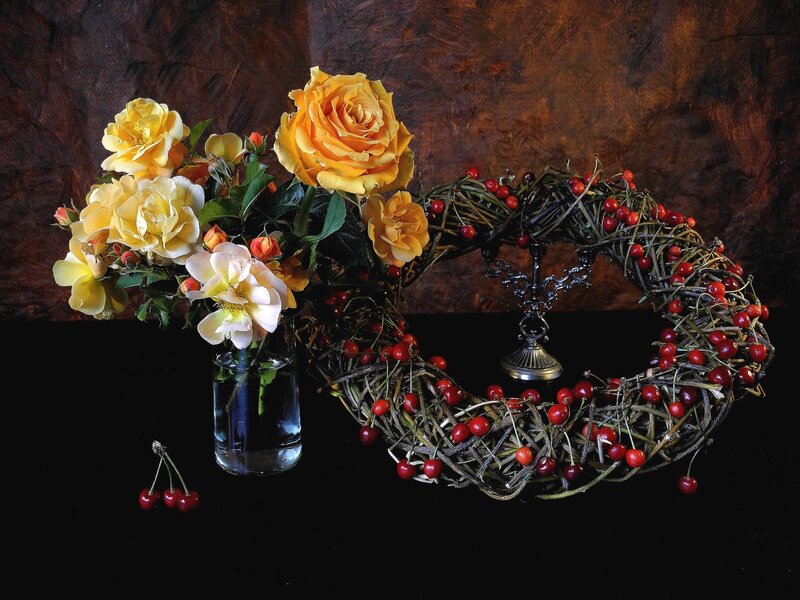 Yellow Roses and Cherry Wreath