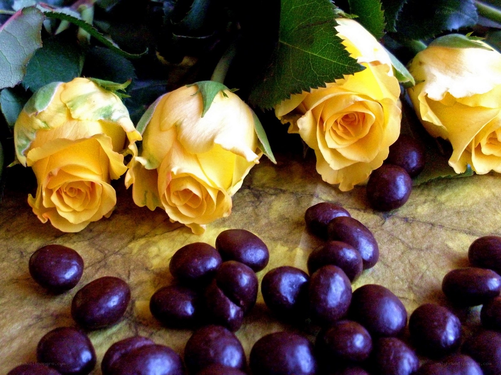Yellow roses and chocolate beans