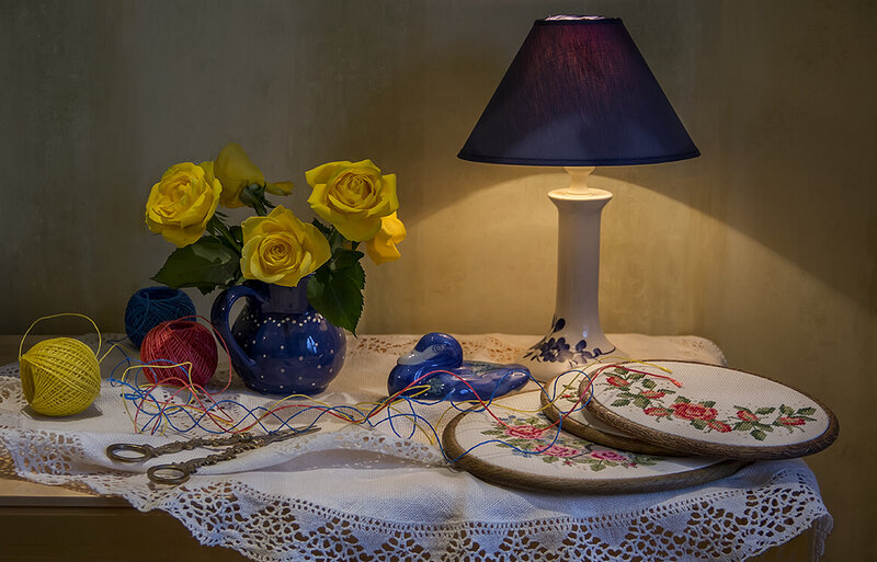 Yellow Roses and Embroidery