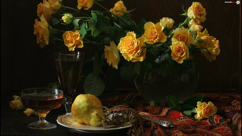 Yellow Roses and Fruit — Dramatic