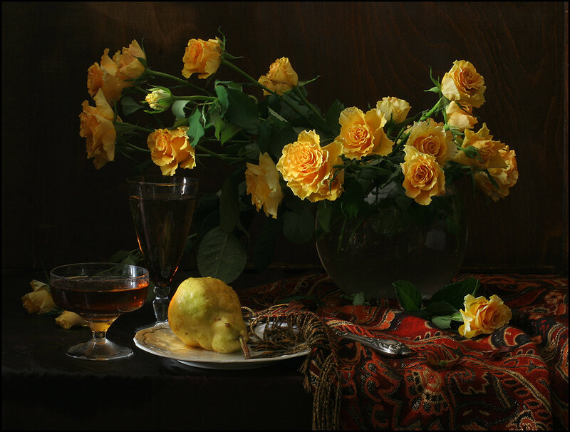 Yellow roses and fruit still life