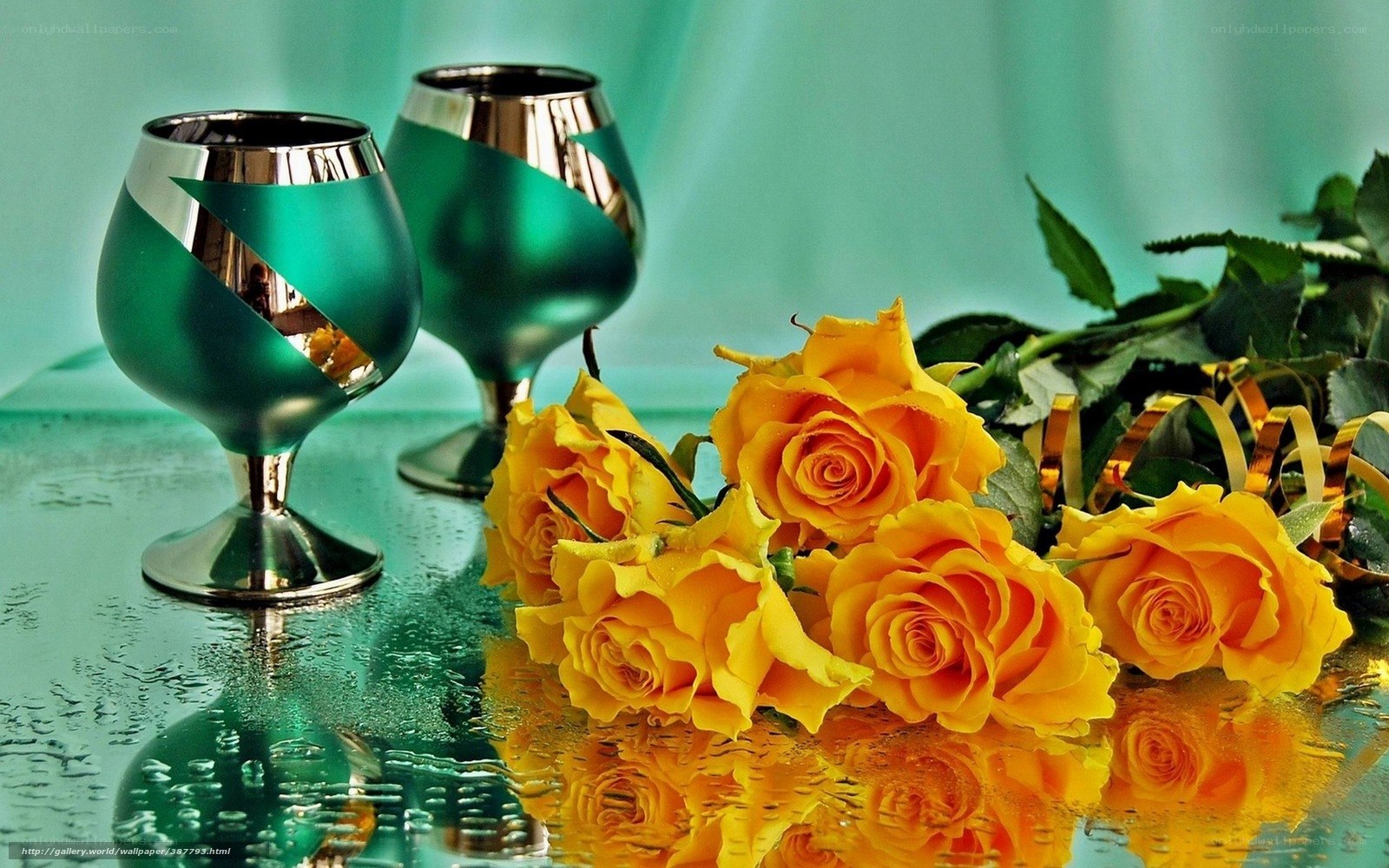Yellow roses and green glasses
