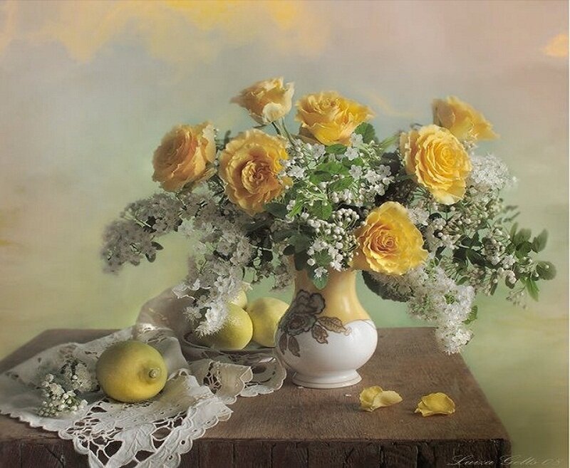 Yellow roses and lemons still life