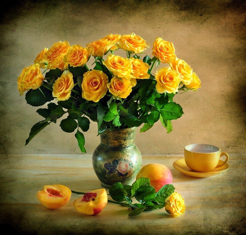 Yellow roses and peaches still life