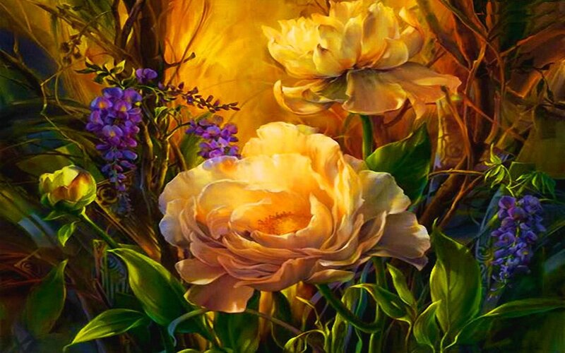 Yellow Roses and Purple Flowers — Dramatic