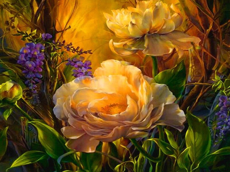 Yellow Roses and Purple Flowers — Warm
