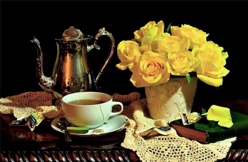 Yellow Roses and Tea Set — Dramatic