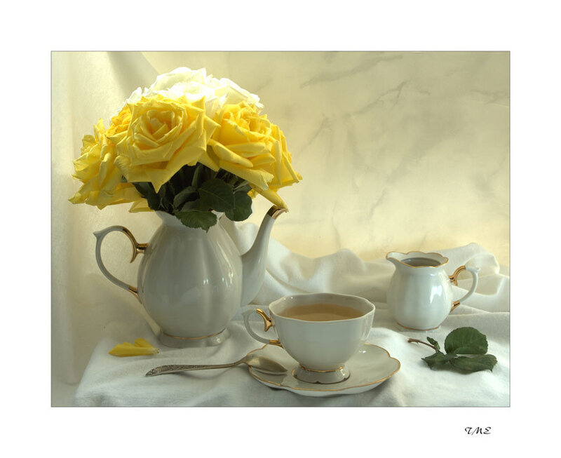 Yellow roses and tea set