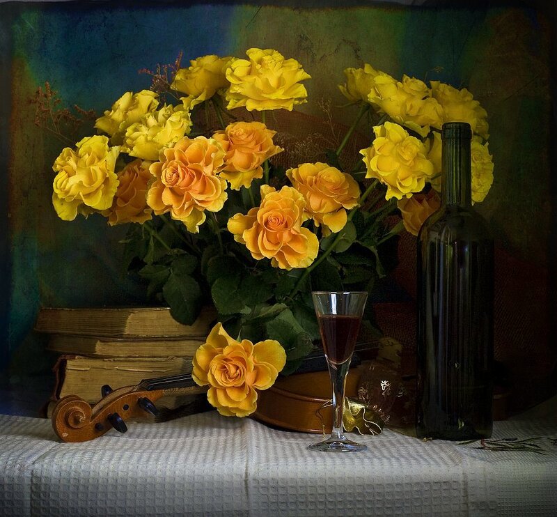 Yellow roses and violin still life