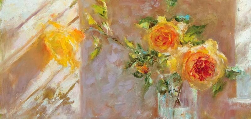 Yellow Roses in a Vase — Calm, Painting, Flowers