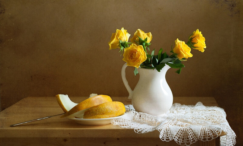 Yellow Roses in Pitcher — Calm, Photograph