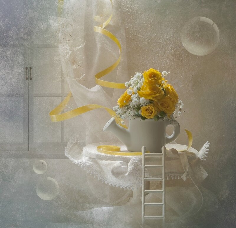 Yellow Roses in Teapot