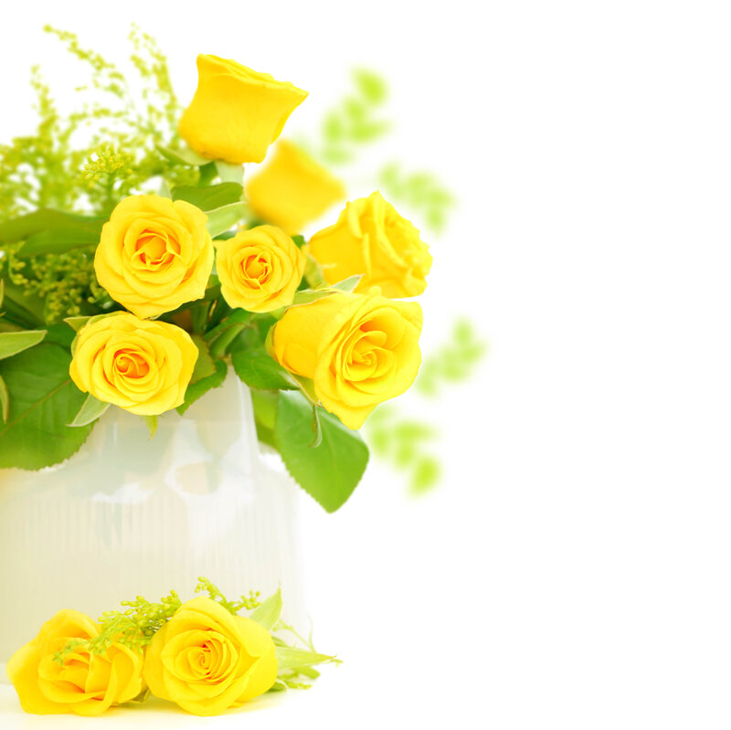 Yellow Roses in Vase — Calm, Photograph, Greenery