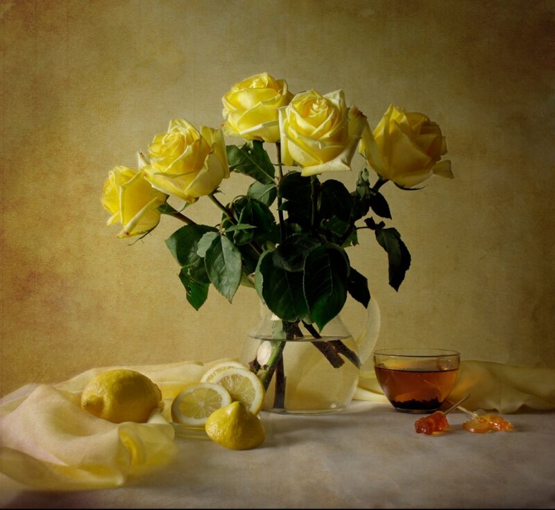 Yellow Roses in Vase — Calm, Photograph, Lemons
