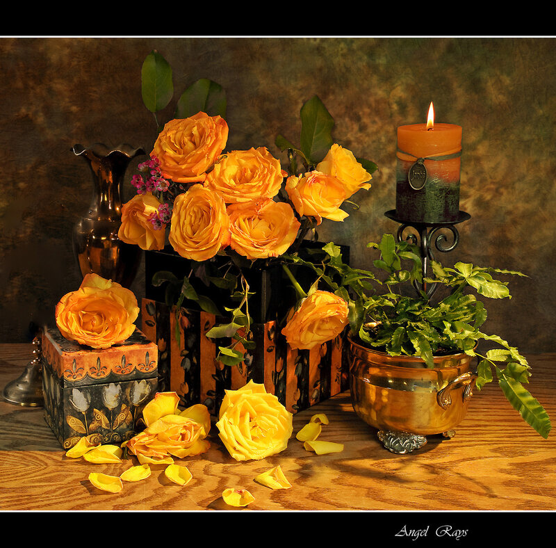 Yellow Roses in Vase — Dramatic, Night