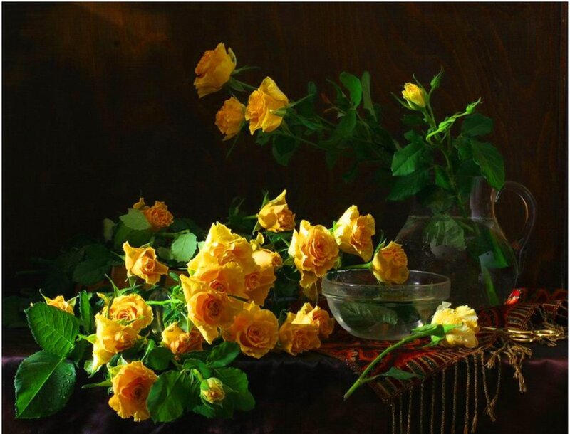 Yellow Roses in Vase — Dramatic, Photograph, Bowl, Fabric