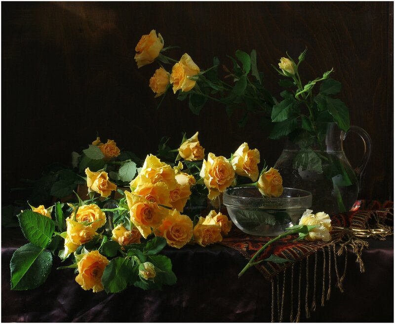 Yellow Roses in Vase — Dramatic, Photograph, Bowl