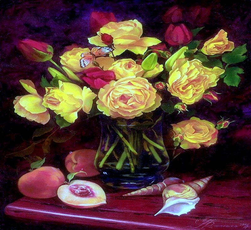 Yellow Roses in Vase — Purple