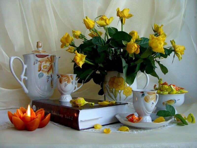 Yellow Roses in Vase — Serene, Morning, Photograph