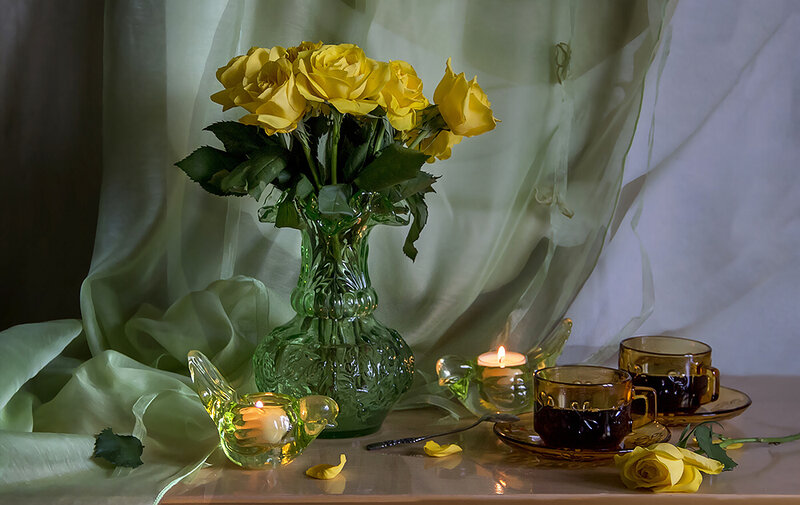 Yellow Roses in Vase — Serene, Night