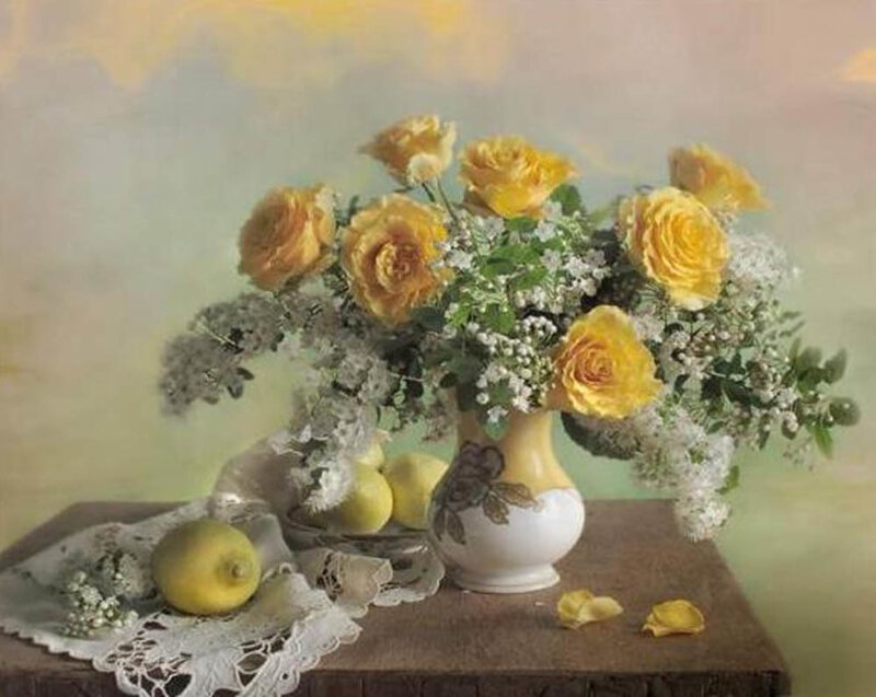 Yellow Roses in Vase — Serene, Painting, Lemons, Table